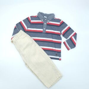 Janie and Jack Outfit Set Toddler Boy Blue Red Striped Polo Linen Pants 2T